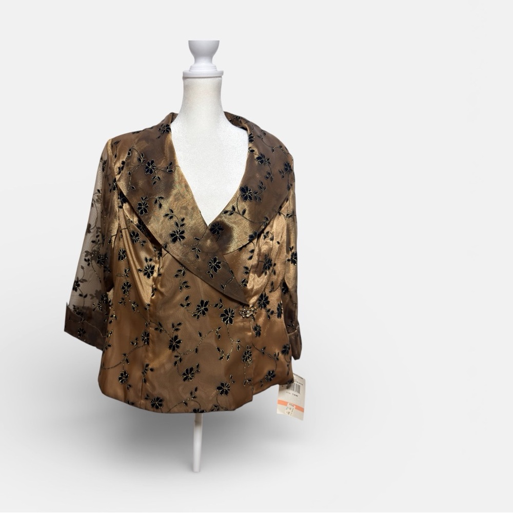 R&M Richards Gold Black Floral Embroidered Sheer Jacket Blazer 14W NWT - Picture 1 of 10